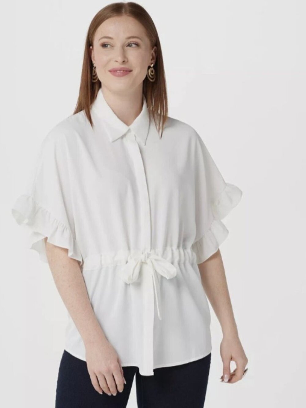 Bishop + Young Ruffle Sleeve Soft Woven Tie-Front Shirt White, Small NWT